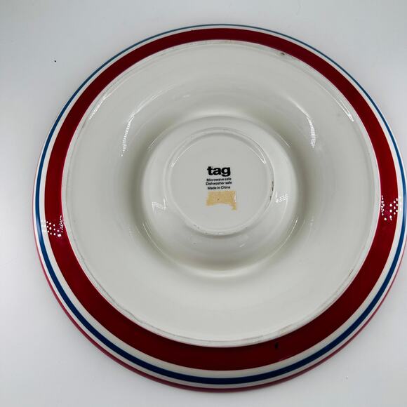 Patriotic Red White Blue Stripe Tag Round Chip n Dip plate server - Picture 4 of 5